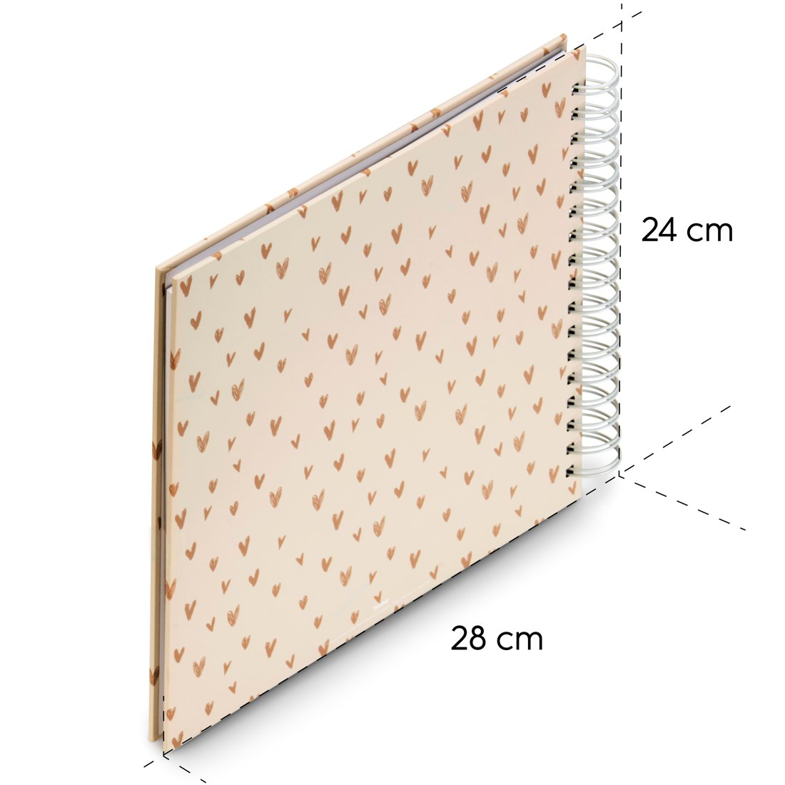 Jasnobrązowy notatnik ze wzorem serc, oprawa spiralna, 28x24 cm.