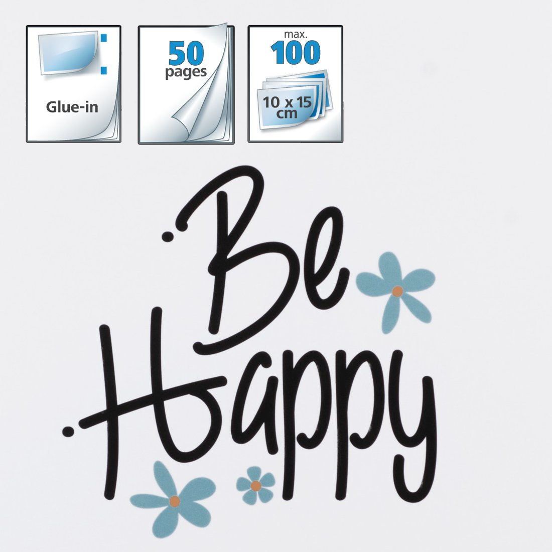 Napis 'Be Happy' z trzema małymi obrazkami: Do wklejenia, 50 stron, 100 kartek.