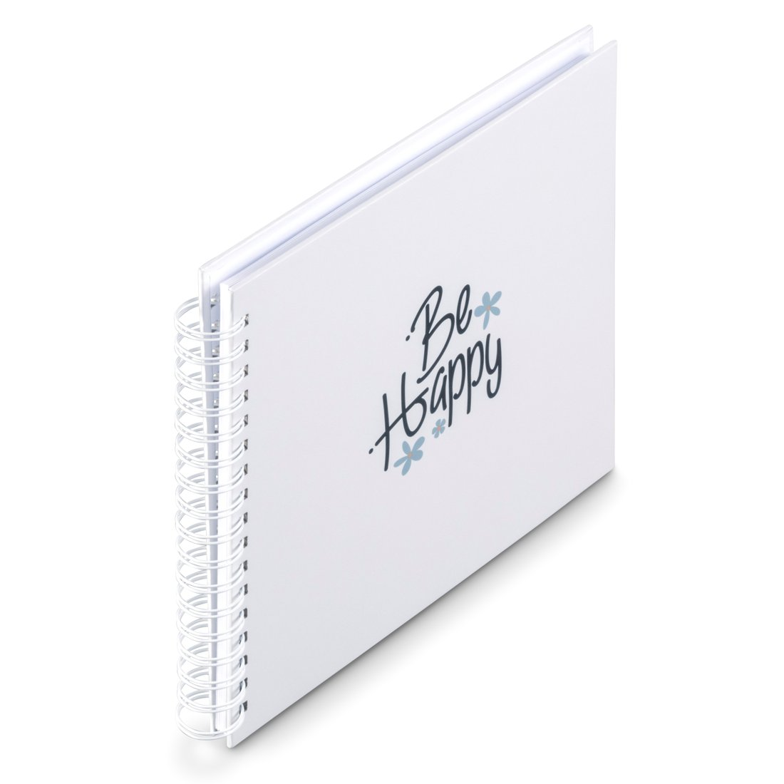 Biały notatnik bindowany spiralą z napisem „Be Happy”.
