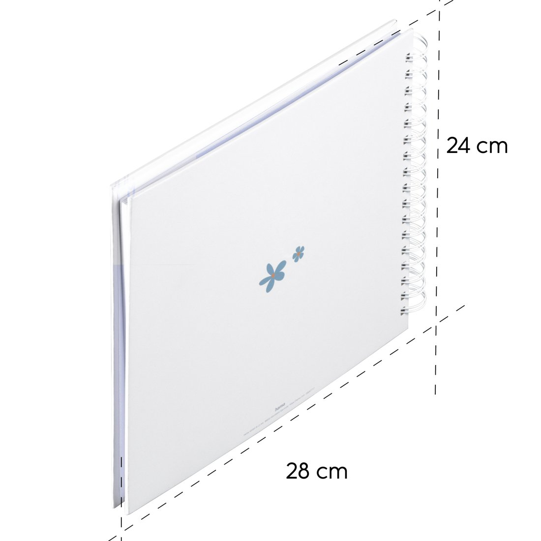 Zamknięty notatnik spiralny, 24x28cm, z niebieskimi kwiatami.
