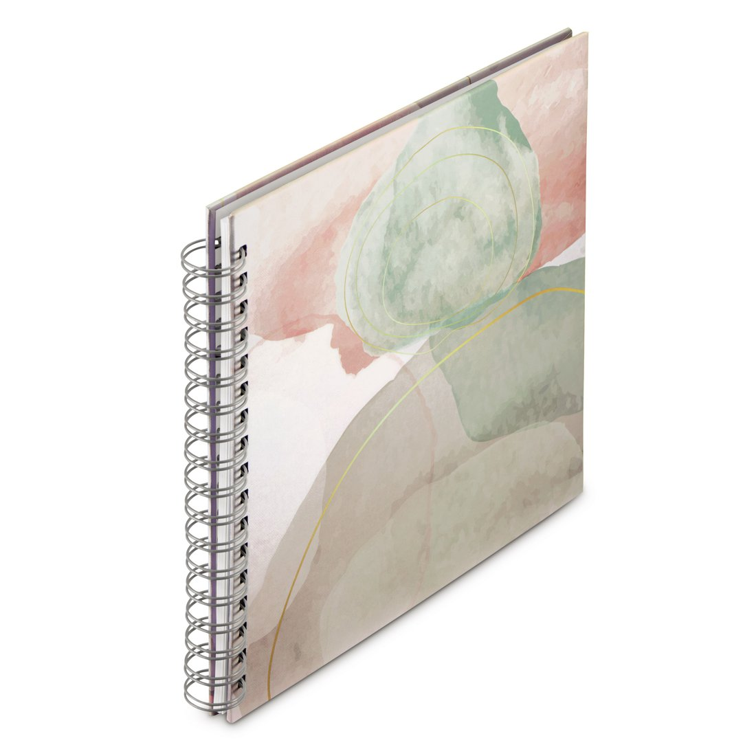Notatnik spiralny z abstrakcyjnym wzorem akwareli w kolorach różowym, zielonym i brązowym.
