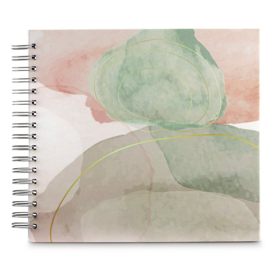Notatnik spiralny z delikatną akwarelą w kolorach różowym, zielonym i beżowym.