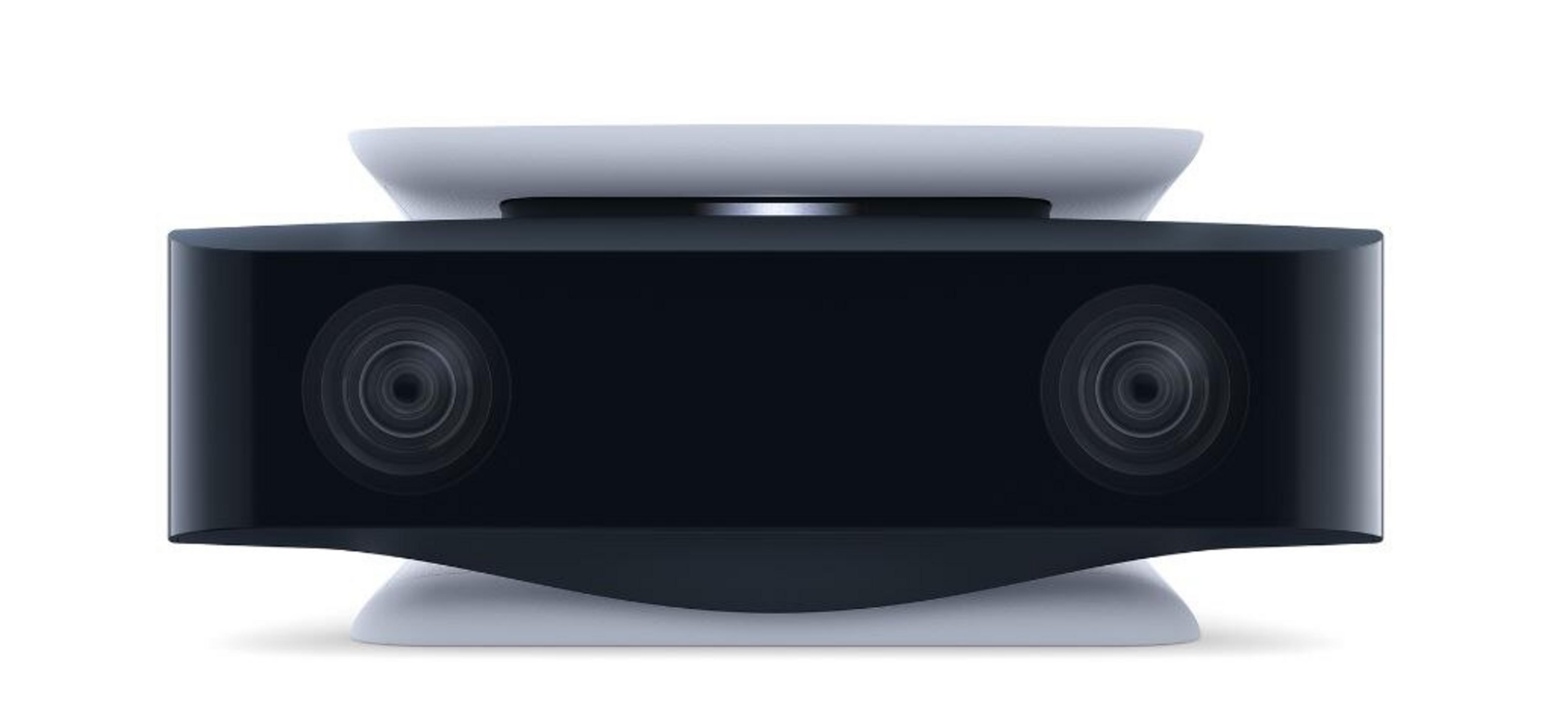 Una fotocamera nera con due obiettivi su un supporto bianco.