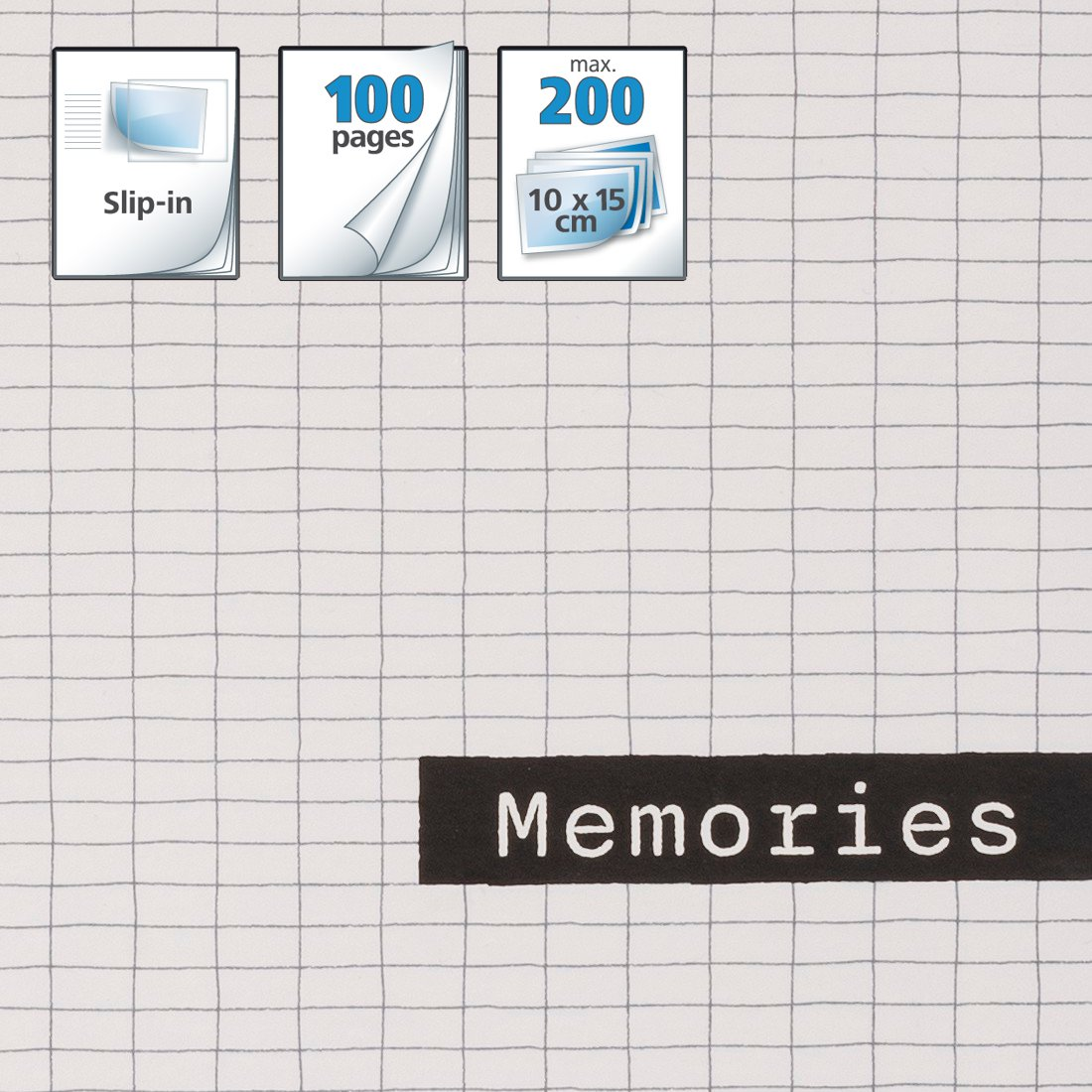 Trzy arkusze z informacjami o produkcie na kratkowanym tle. Poniżej napis 'Memories'.