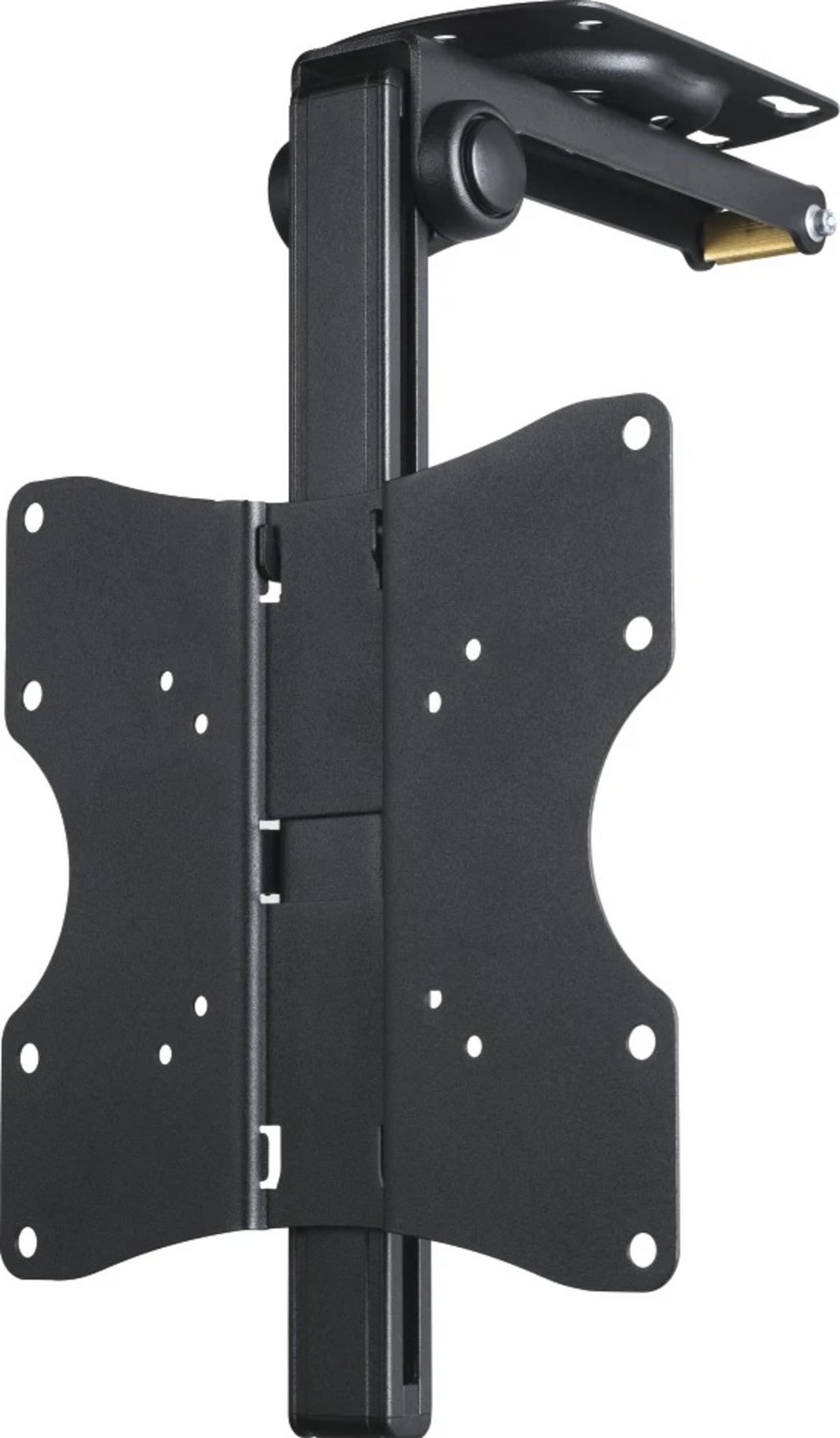 Czarny uchwyt TV z regulowanym ramieniem i płytą VESA.