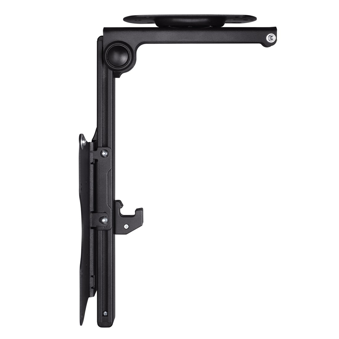 Czarny, regulowany wysięgnik monitora ze złączami i płytą montażową na białym tle.