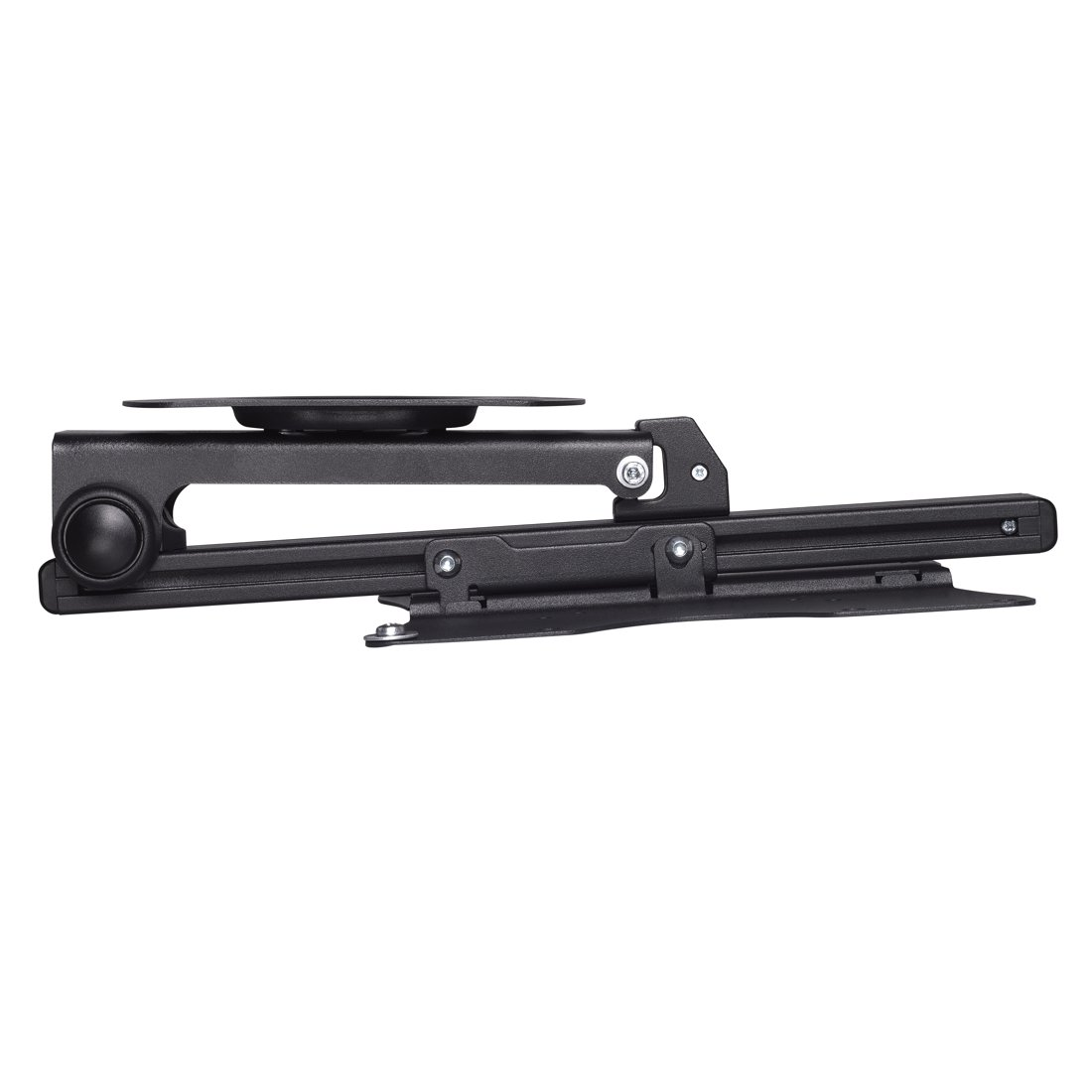 Czarny, regulowany uchwyt monitora ze złączami i śrubami na białym tle.