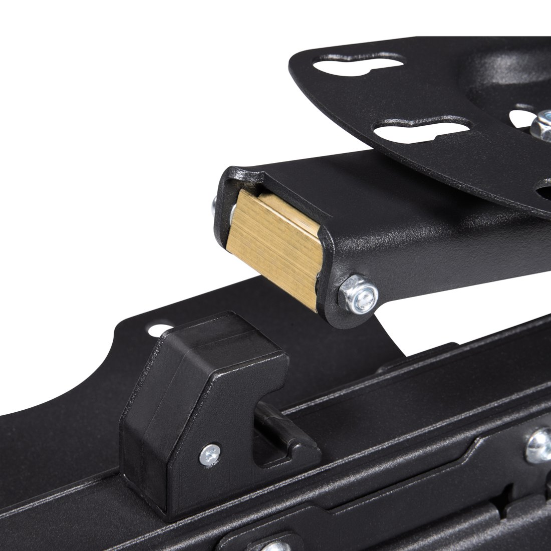 Czarny metalowy przegub ze złotymi wstawkami i gumowym ogranicznikiem.