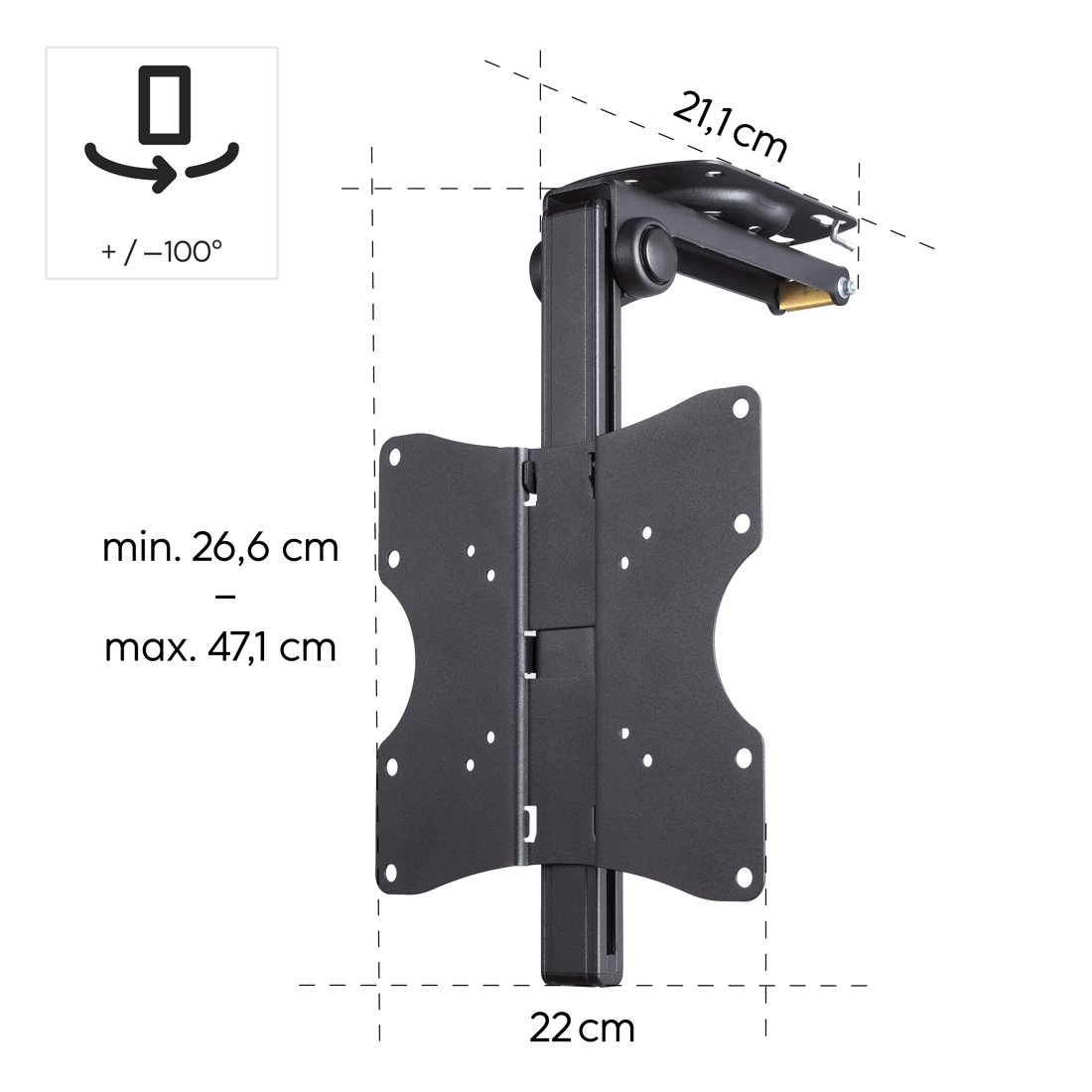 Czarny uchwyt TV o wymiarach: 21,1 cm szer., 22 cm gł., min. 26,6 cm, maks. 47,1 cm.