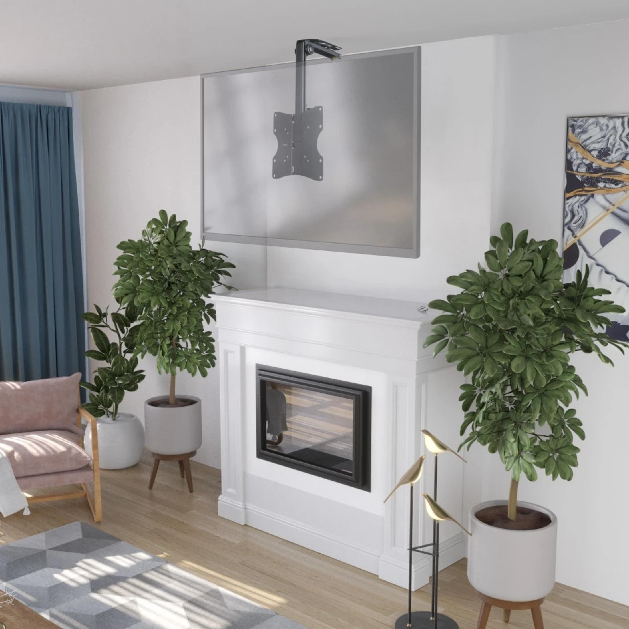 Nowoczesny salon z kominkiem, uchwytem TV, roślinami i różowym fotelem.