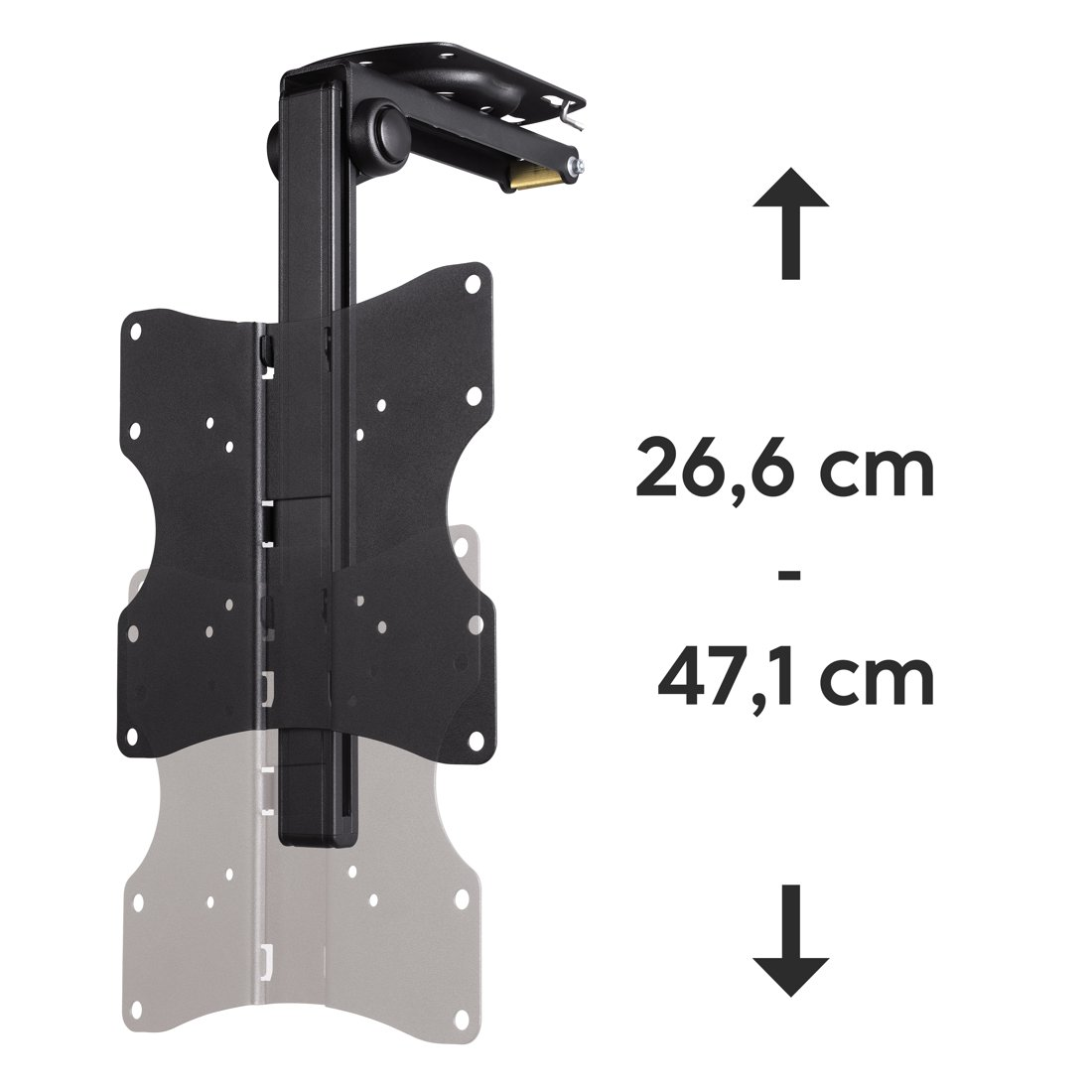 Czarny uchwyt sufitowy do telewizora z oznaczeniami rozmiaru 26,6 cm i 47,1 cm.