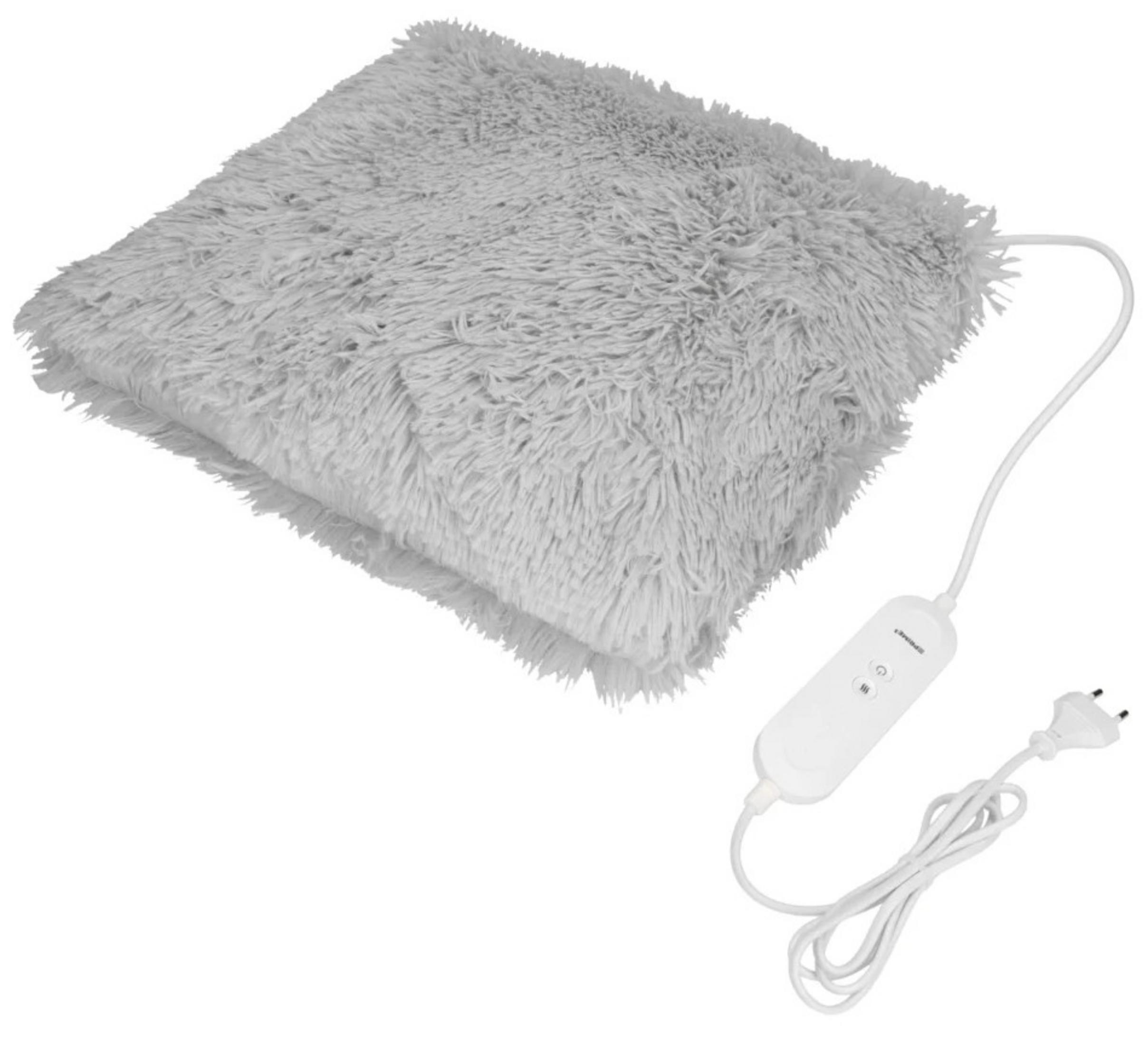 Coperta riscaldata grigia e soffice con telecomando e cavo bianchi.