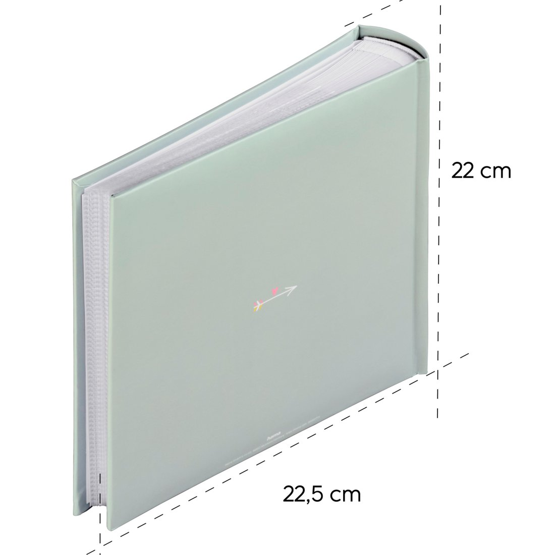 Jasnozielony album na zdjęcia ze wzorem strzałki i wymiarami.