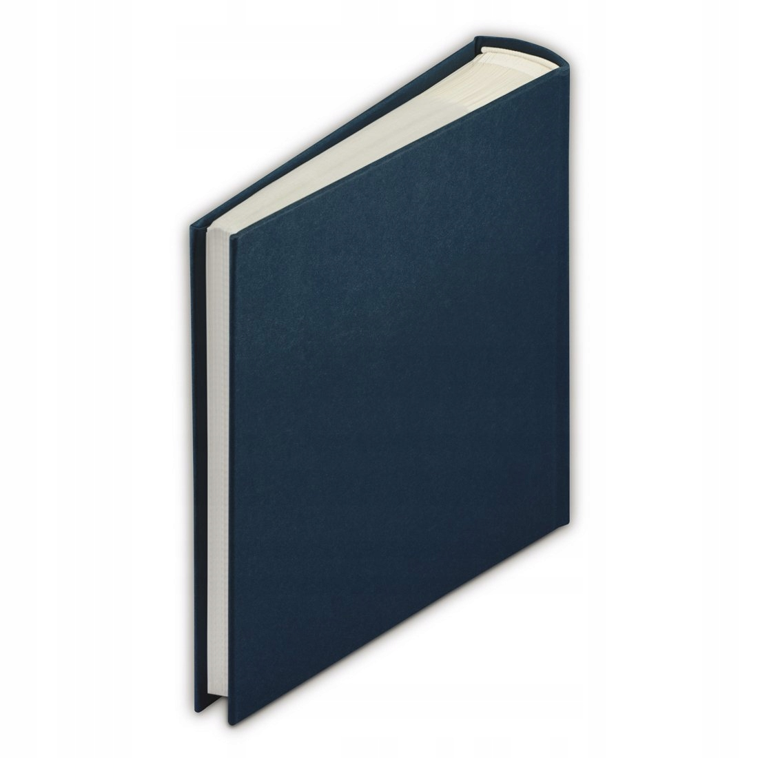 Zamknięta, granatowa książka z białymi stronami, leżąca na prawym boku.