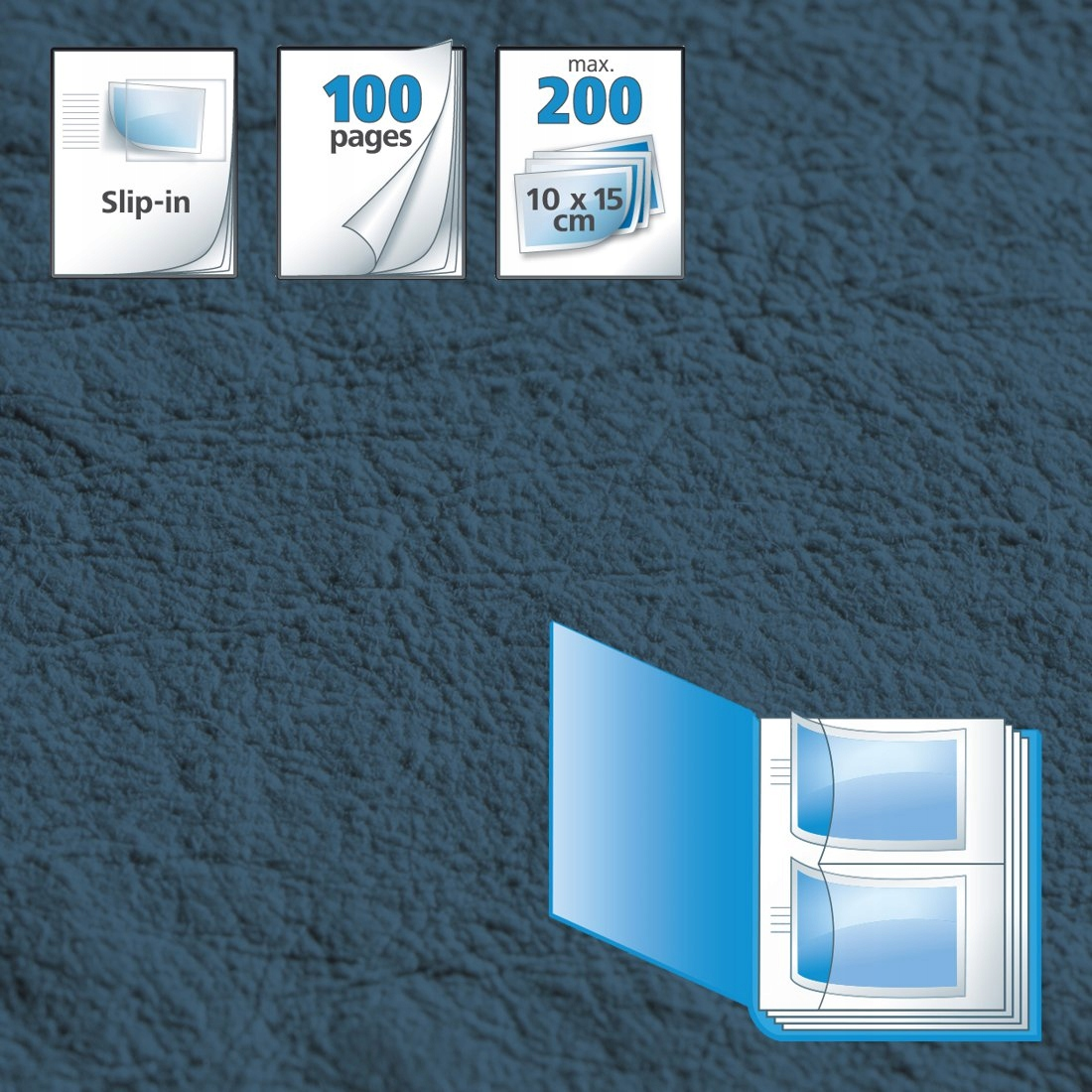 Niebieski album na 100 stron, pojemność 200 zdjęć 10x15cm.
