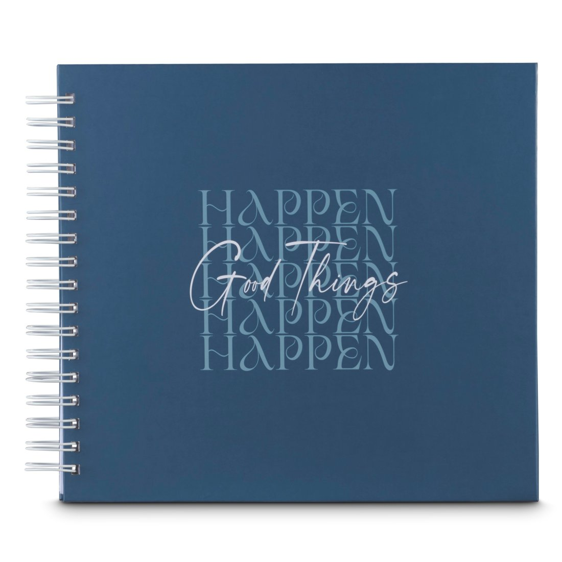 Niebieska okładka ze srebrną spiralą. Biały napis brzmi 'Good Things Happen'.