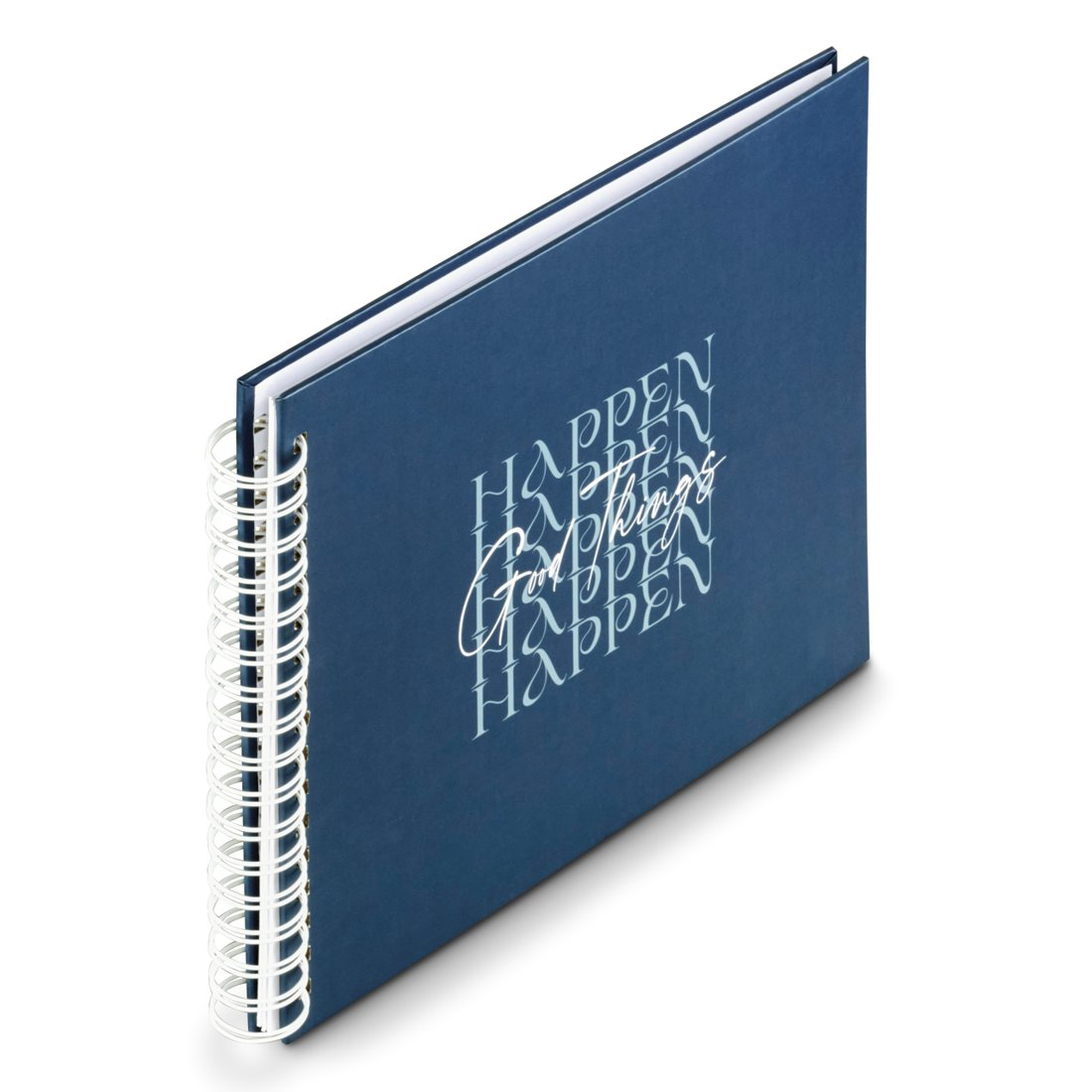 Granatowy notes b spiralą, powtórzone słowo 'HAPPEN'.
