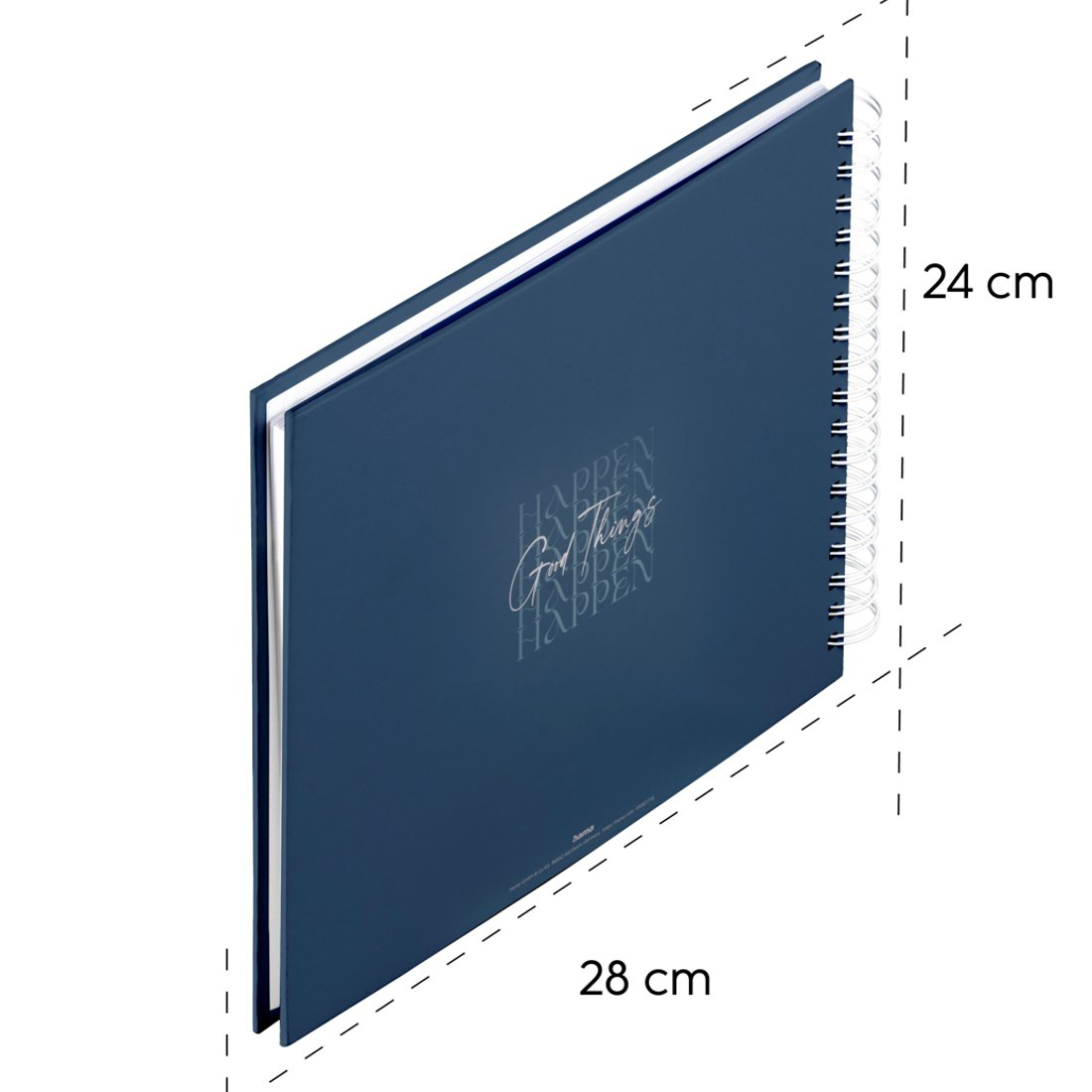 Ciemnoniebieski notes z grzbietem spiralnym, 28x24 cm, z napisem 'Good Things Happen'
