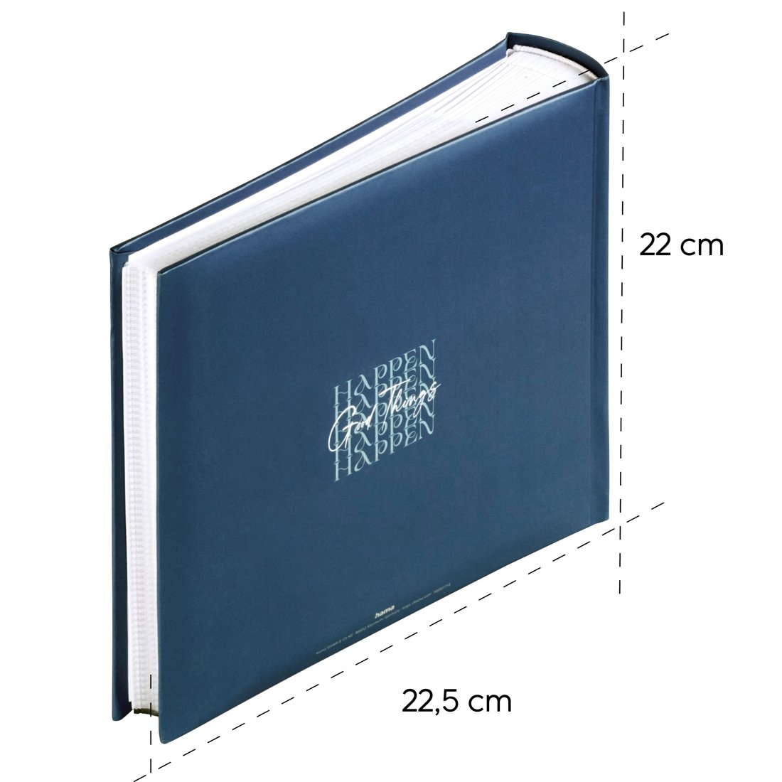 Ciemnoniebieski album na zdjęcia z napisem, wymiary 22 x 22,5 cm.