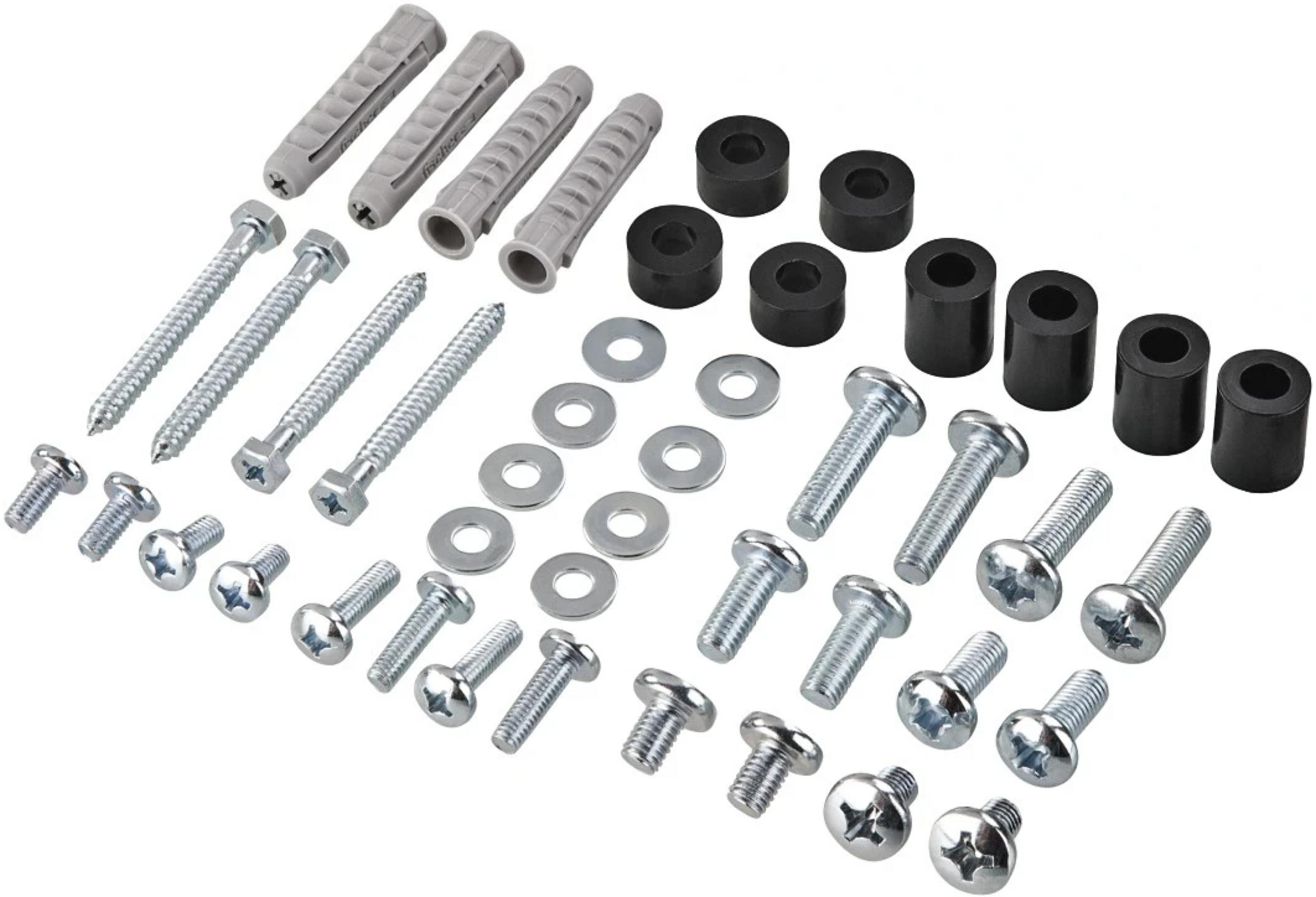 Szare kołki, czarne przekładki, śruby i podkładki ułożone na białym tle.