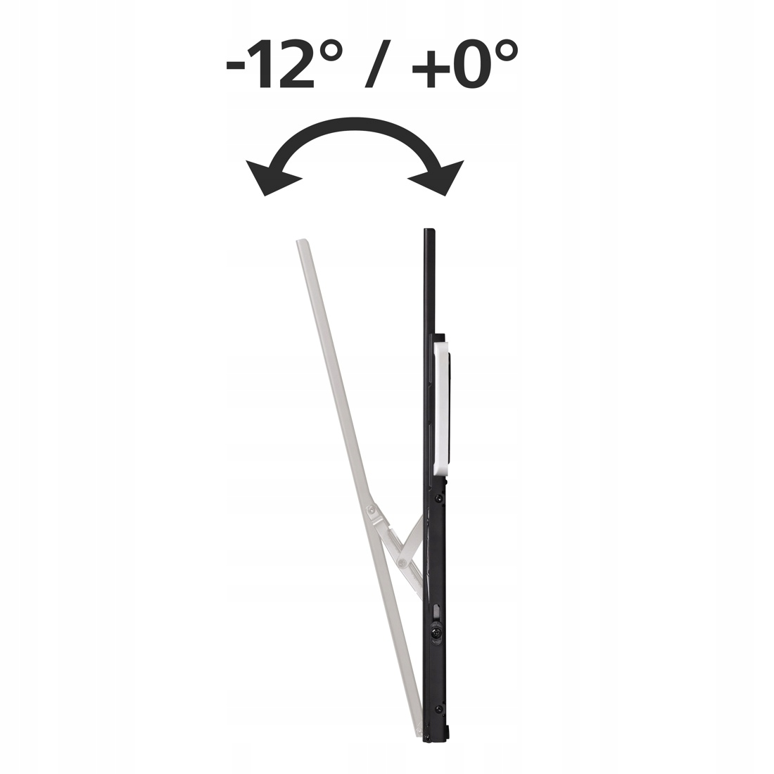 Czarny uchwyt do monitora pokazujący zakres pochylenia od -12° do +0°.