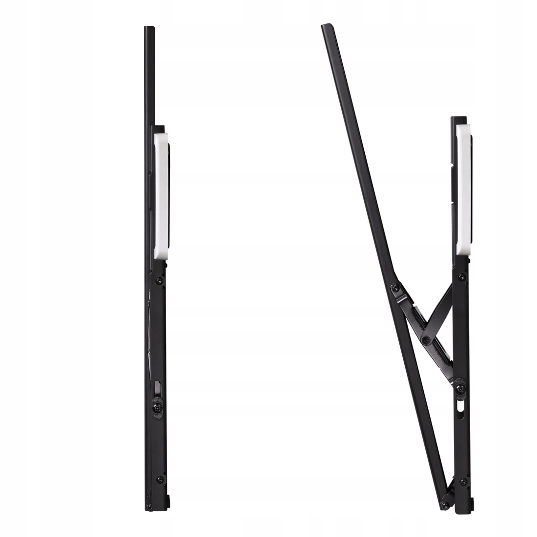 Dwa czarne uchwyty ścienne do telewizora pokazane z profilu na białym tle.