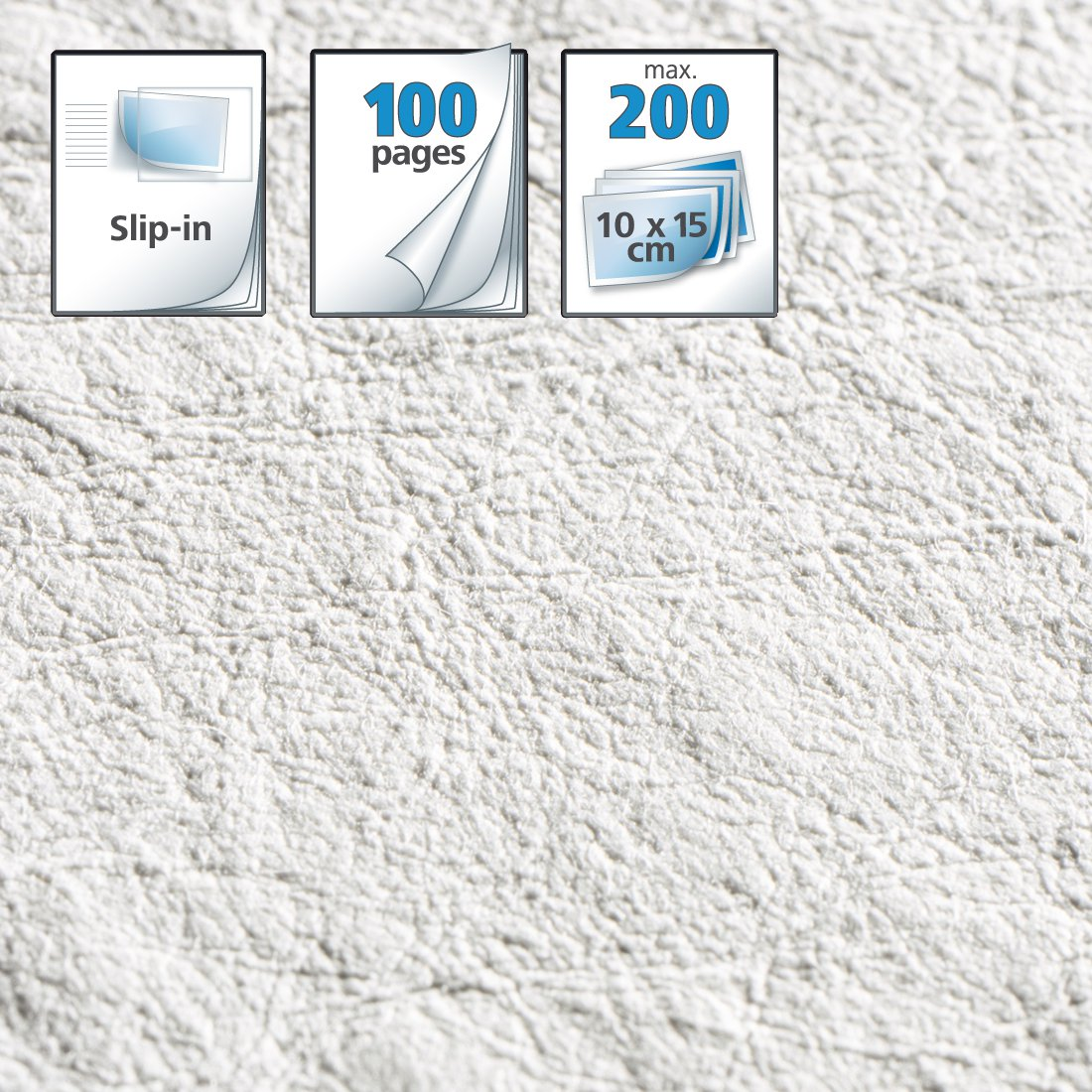 Trzy ikony pokazują: Wsuwane, 100 stron, maks. 200 zdjęć 10x15cm.