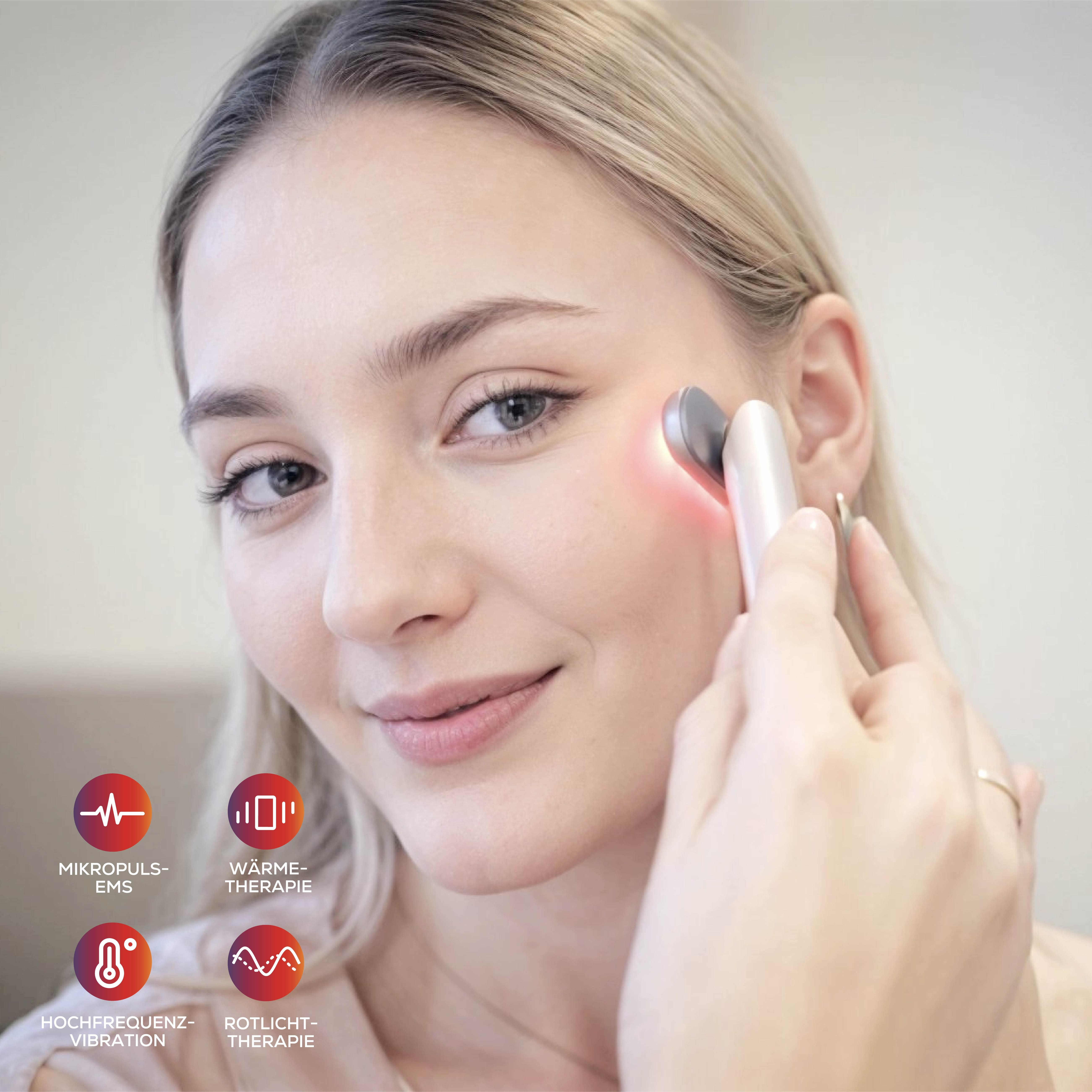 Eine Frau benutzt ein Hautpflegegerät mit rotem Licht nahe ihrem Auge. Icons zeigen Funktionen.