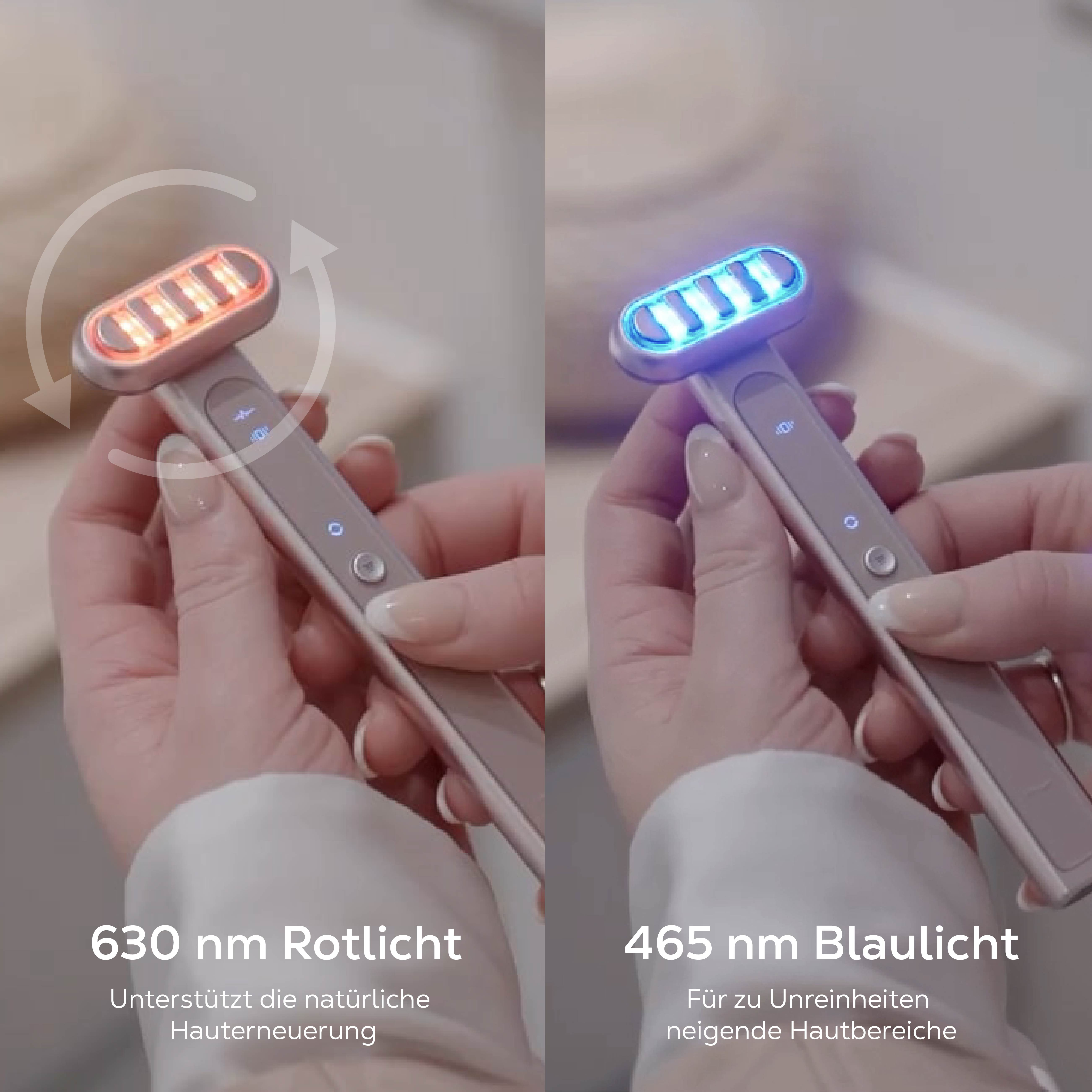 Ein Gerät mit roten und blauen Lichtern zur Hautpflege.