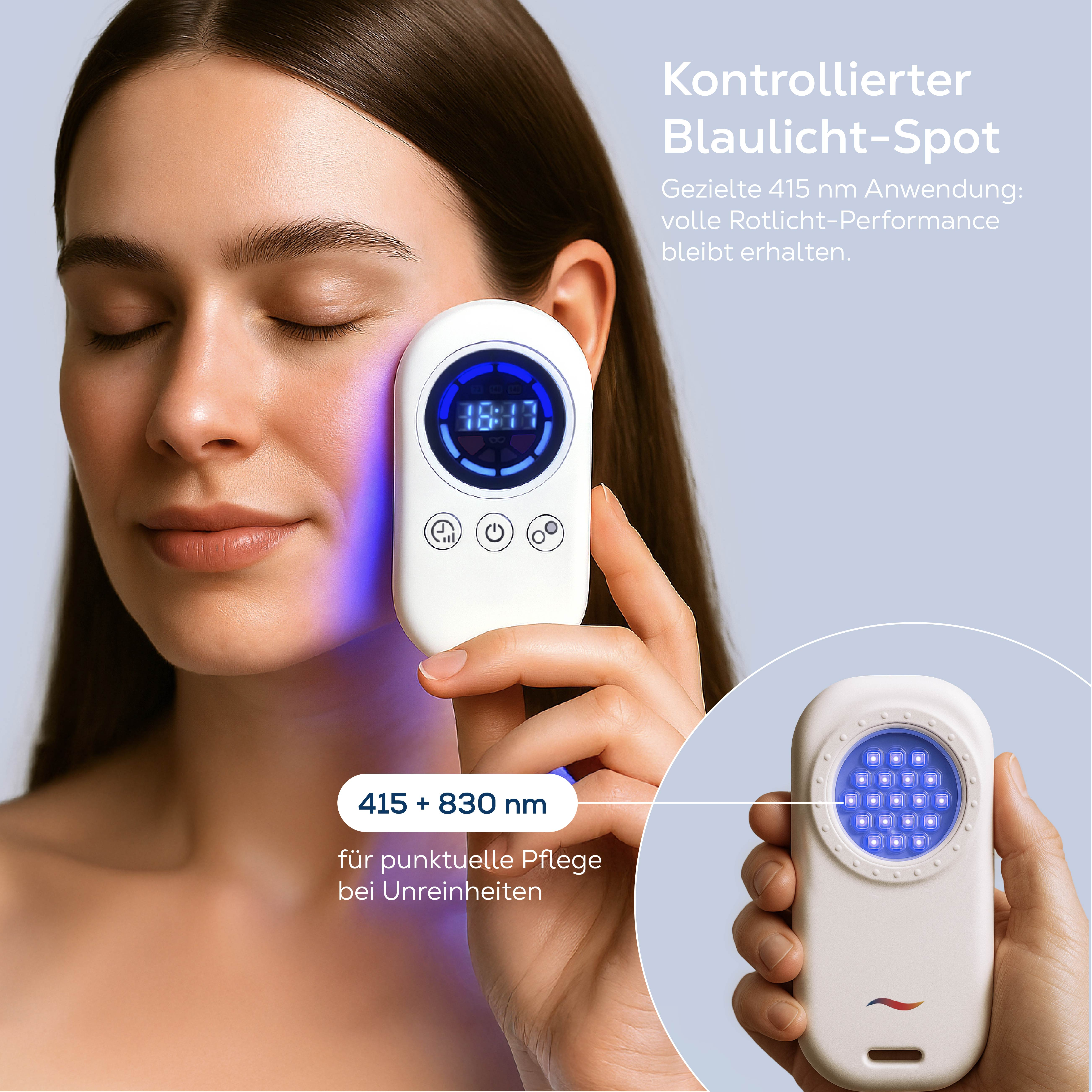 Frau mit blauem Licht Gerät auf dem Gesicht, mit Text über blaue Lichttherapie.
