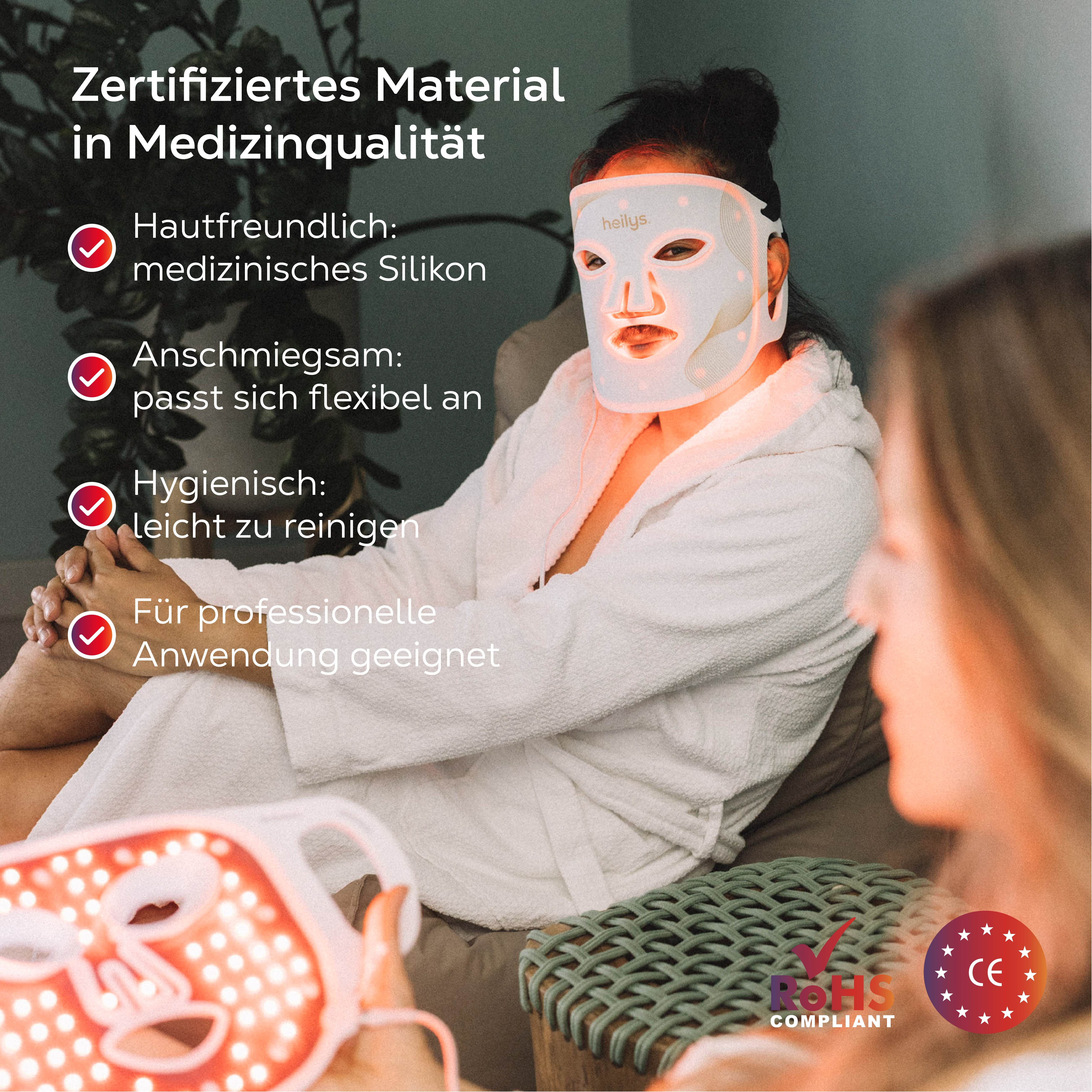 Frau trägt eine LED-Gesichtsmaske, mit Text über Material und Anwendung.