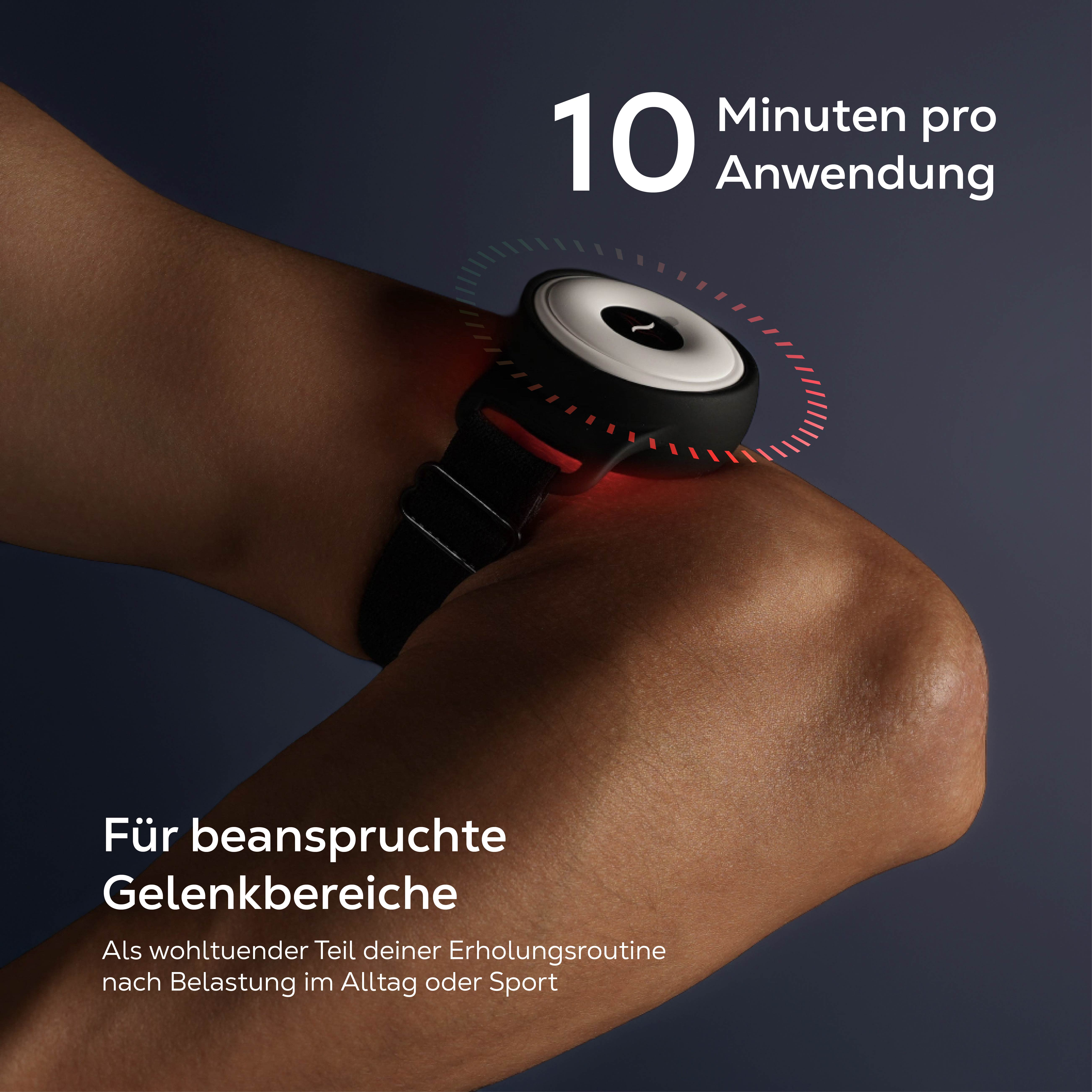 Ein Arm trägt ein schwarzes Gerät mit rotem Licht. 10 Minuten pro Anwendung.