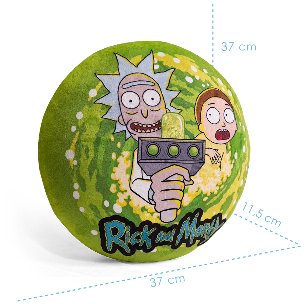 Un cuscino verde rotondo con personaggi di Rick e Morty e sfondo di portale.