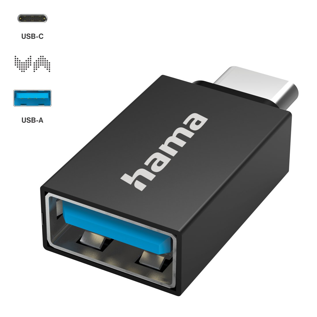 Czarny adapter USB-C na USB-A z logo Hama i niebieskim gniazdem.
