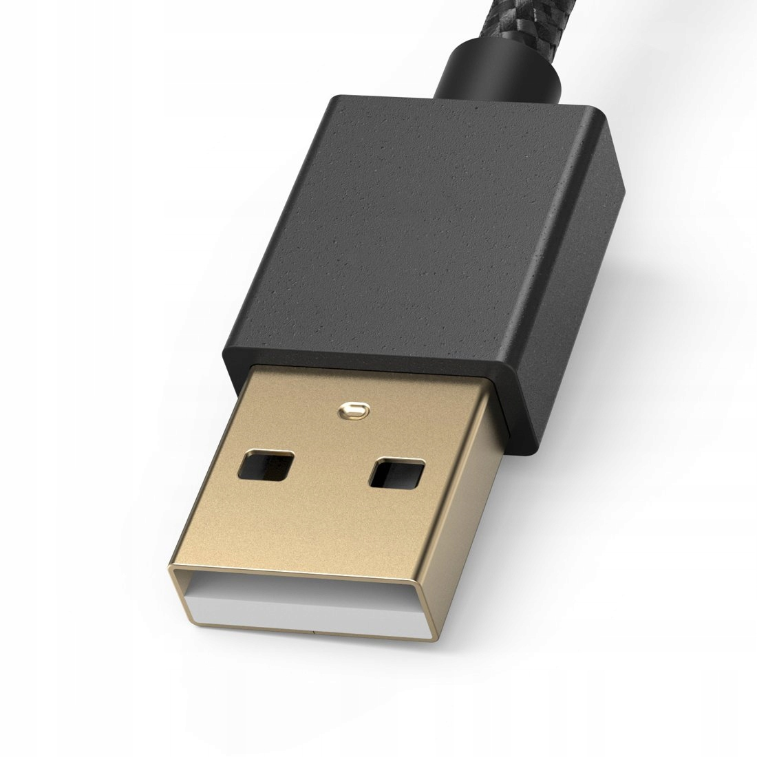 Złota wtyczka USB-A z czarną obudową i plecionym kablem na białym tle.