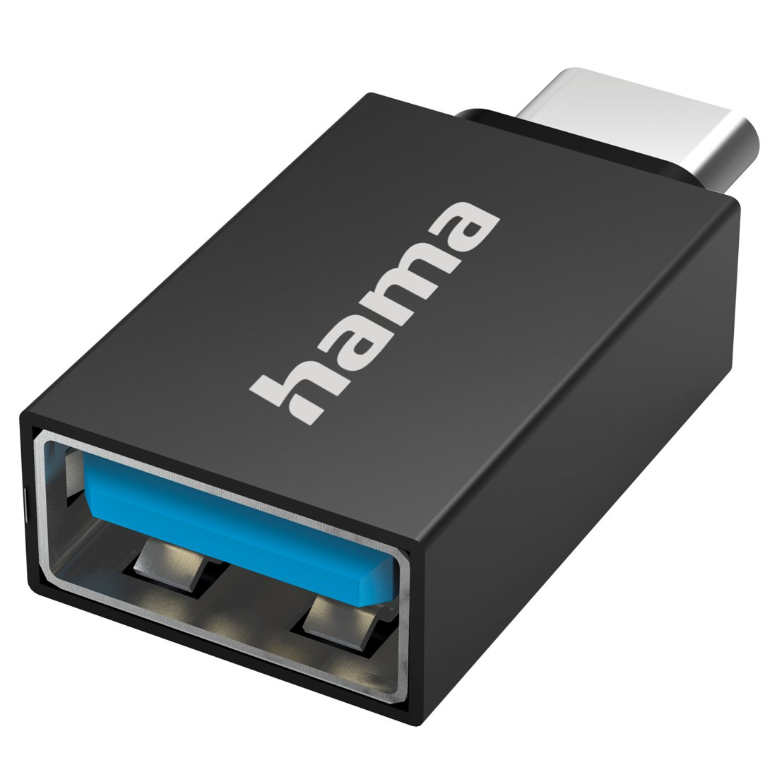 Czarny adapter Hama USB-C na USB-A z niebieskim portem USB-A.
