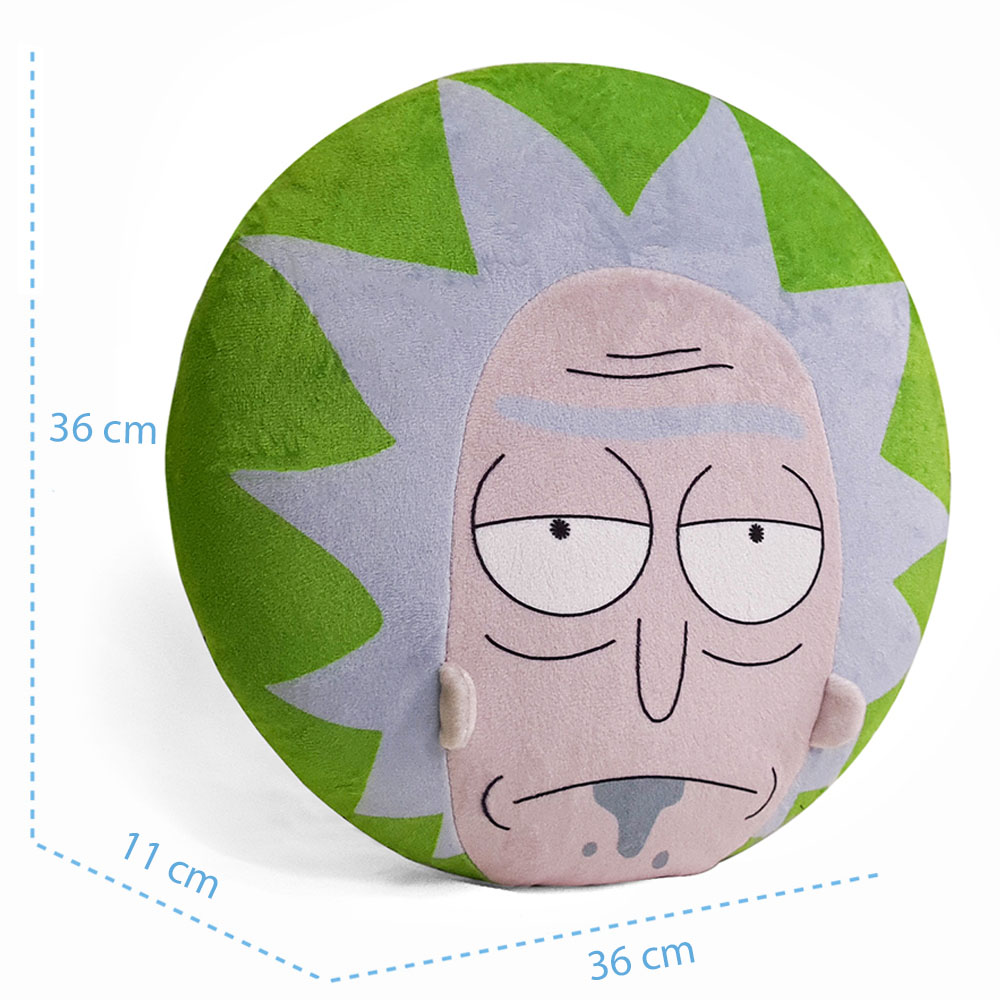 Un cuscino rotondo di Rick Sanchez con capelli verdi e viso blu.