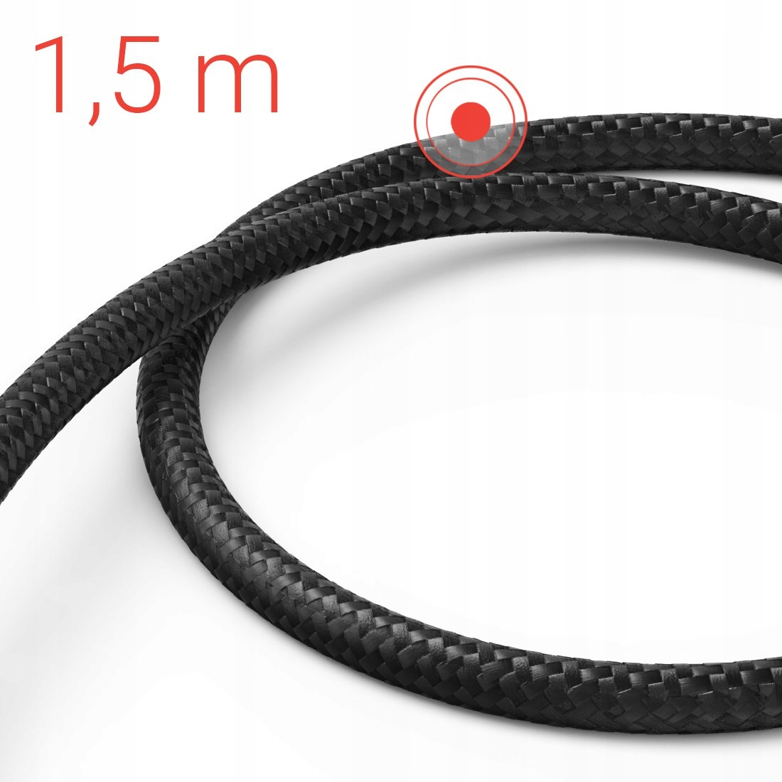 Czarny pleciony kabel z czerwonym napisem 1,5 m i kółkiem