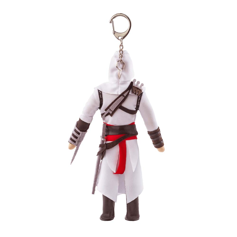 Portachiavi di una figura con cappuccio bianco, fascia rossa e spada.