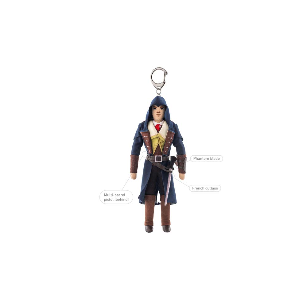 Figura con cappuccio, cravatta rossa, gilet giallo e cappotto blu.