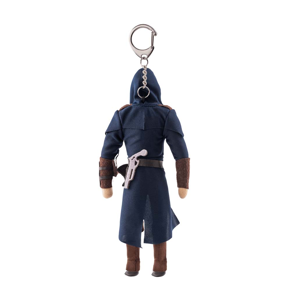 Una figura blu con cappuccio e pugnale sul fianco, come portachiavi.