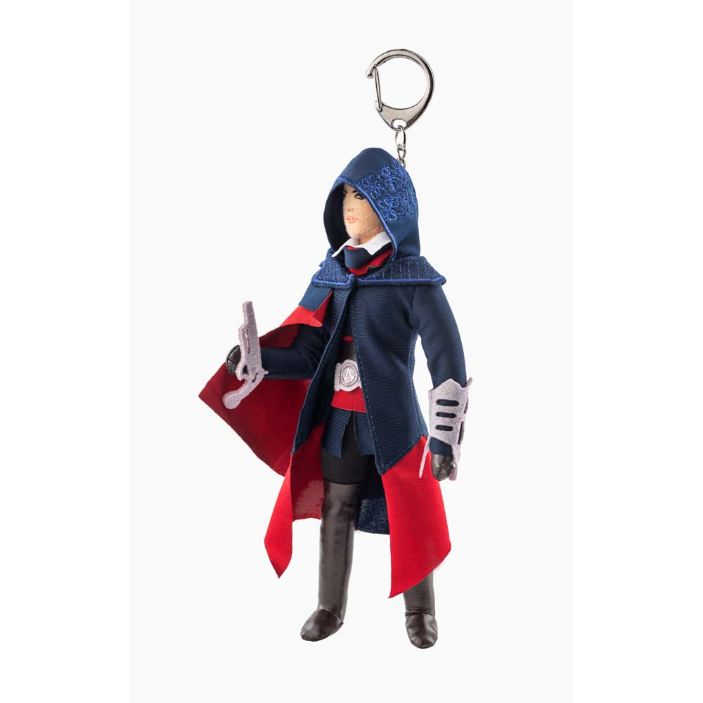 Portachiavi con figura in mantello blu con fodera rossa, che tiene una pistola.