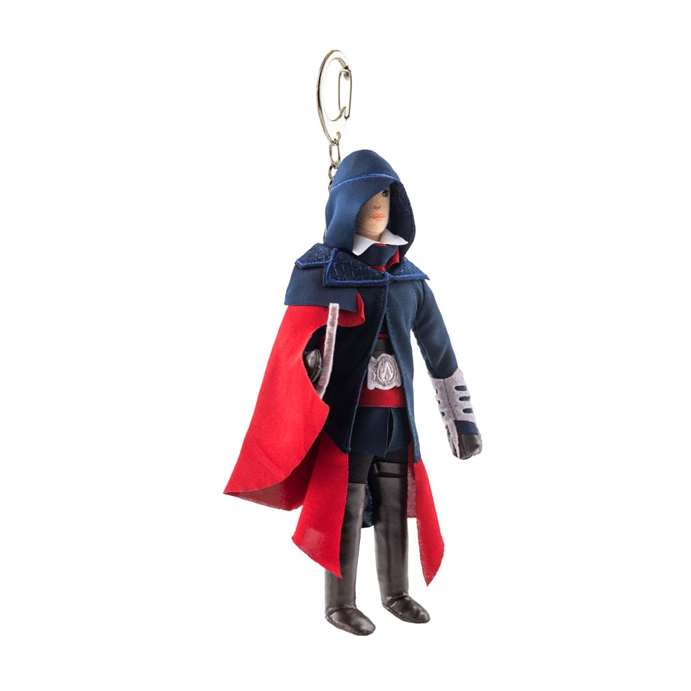 Bambola di stoffa con cappotto blu con cappuccio e mantello rosso, con portachiavi.
