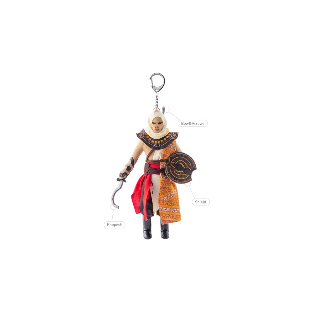 Una figura con copricapo, scudo, khopesh e arco e frecce.