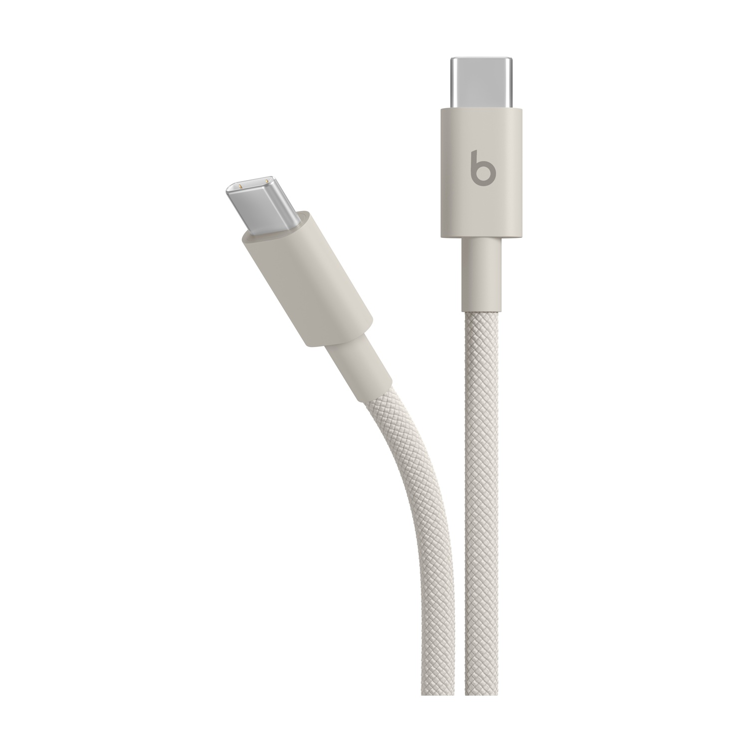 Zwei weiße USB-C-Kabel mit Stoffummantelung und silbernen Anschlüssen.