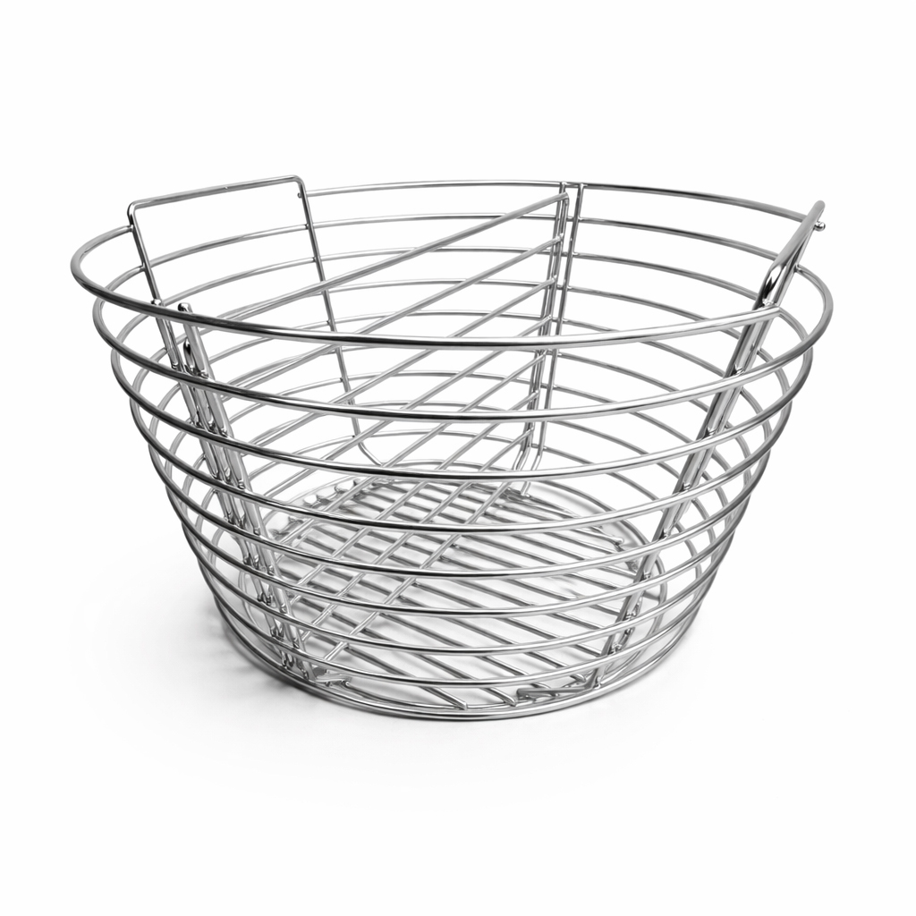 A silver wire basket with dividers is empty and on a white background.