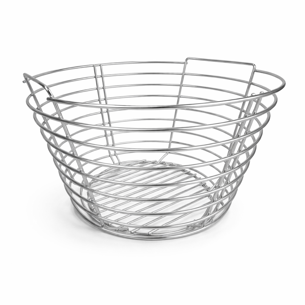 A round, silver wire basket with handles on a white background.