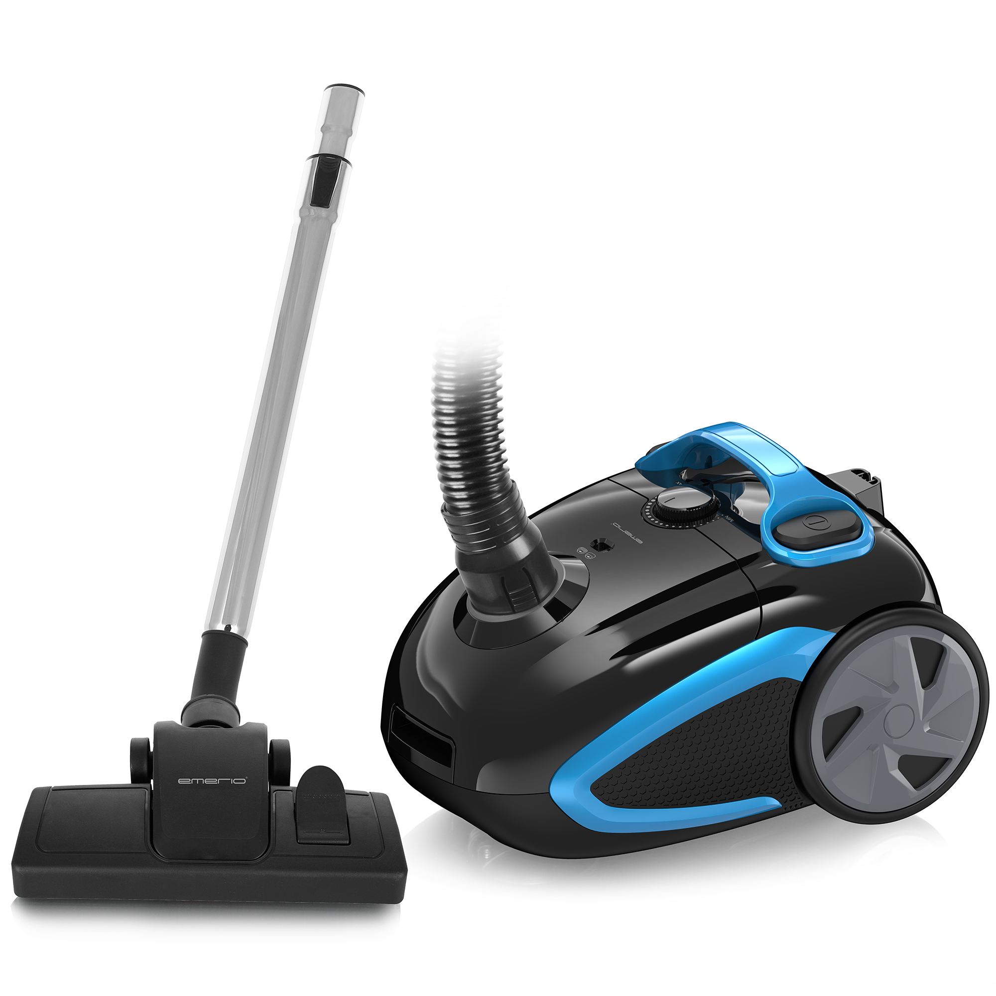 Czarny odkurzacz z niebieskim akcentem i srebrną rurą ze szczotką.