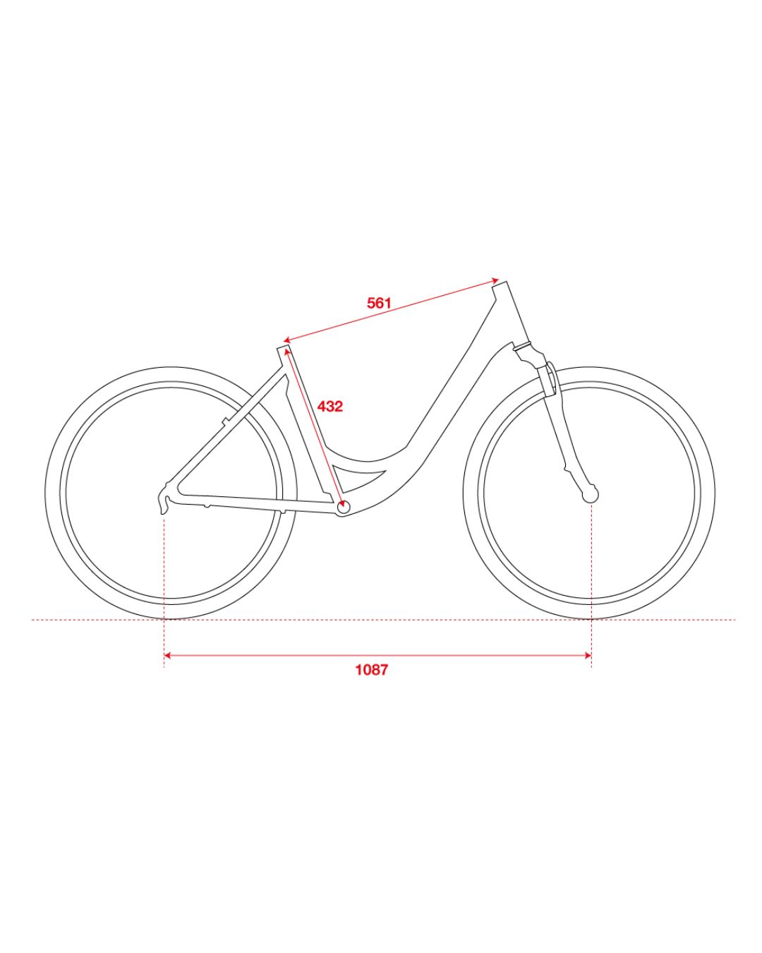 Disegno tecnico di un telaio di bicicletta con dimensioni.