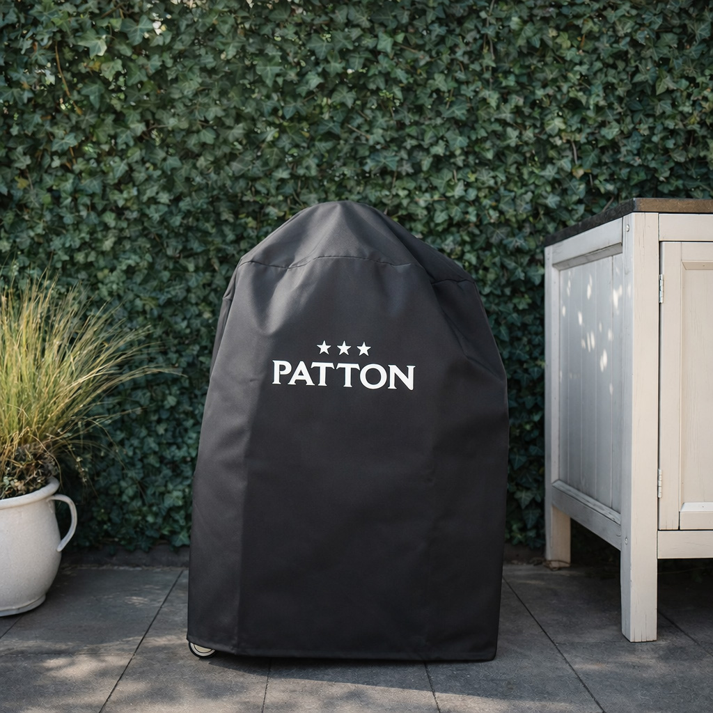 Black grill cover with PATTON logo in front of a green hedge.